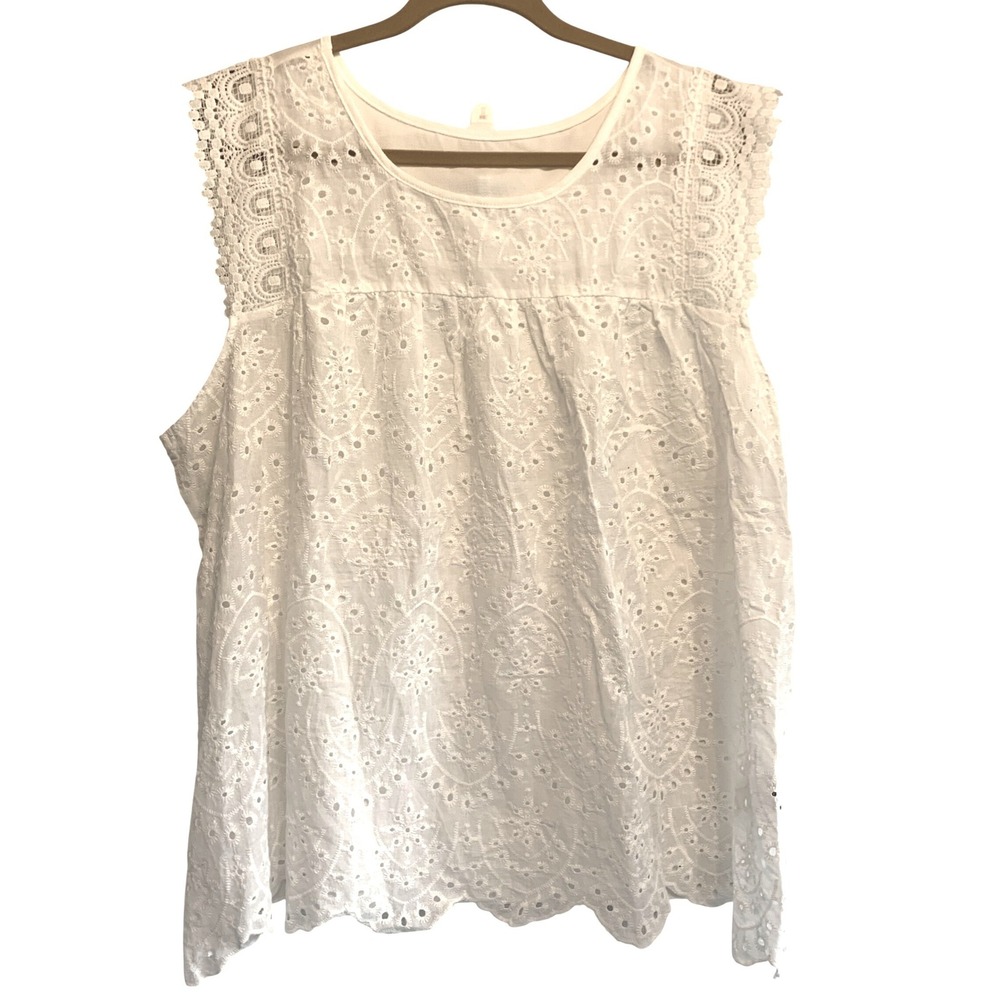 Boho Cottagecore Eyelet Embroidered Blouse 3XL White Crochet Lace Sleeveless